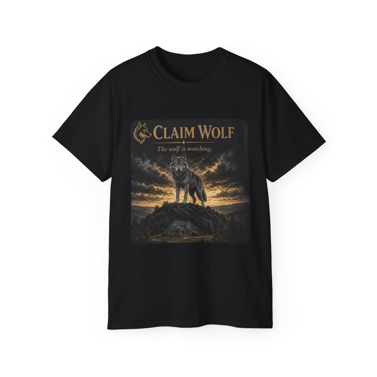 Black tee, wolf on the ridge