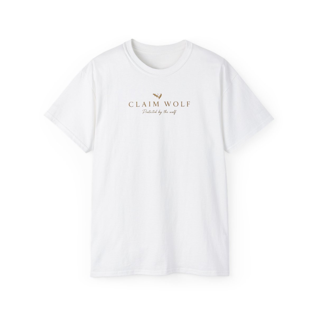 White tee, gold mark, Protected by the wolf