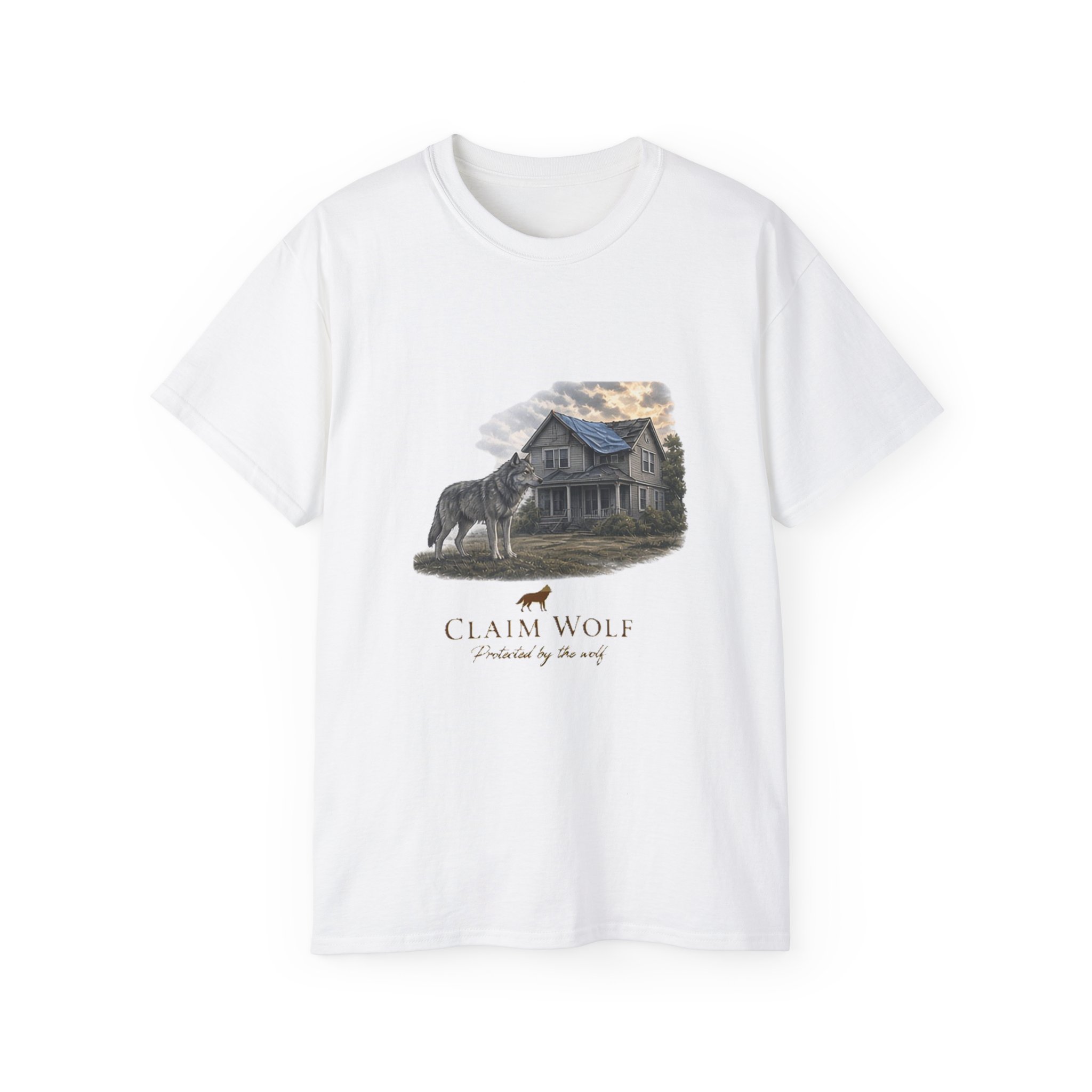 White tee, wolf and house, Protected by the wolf